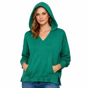 Cabi Sweater Womens Large Green V Neck Hooded Long Sleeve Knit Pullover